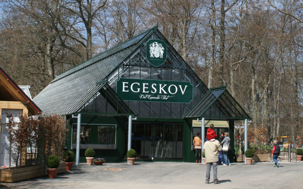 Glass building used as main entrance to Egeskov Castle